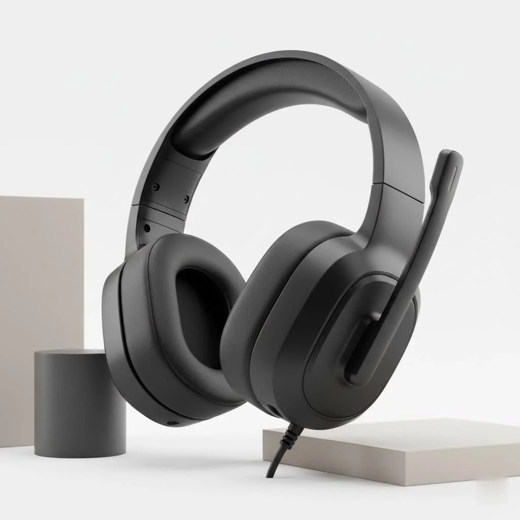 Wireless gaming headset on a desk with a PC setup