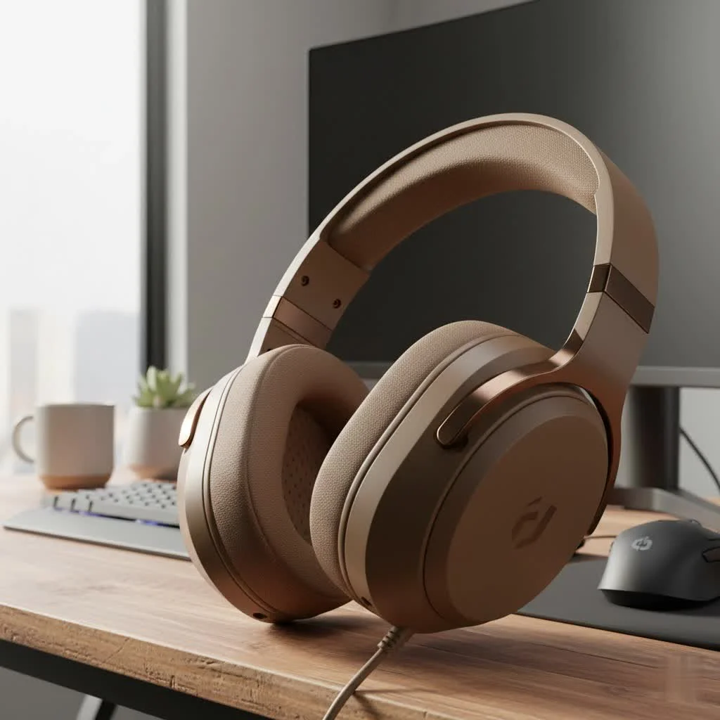 Gamer wearing a wired gaming headset with a microphone